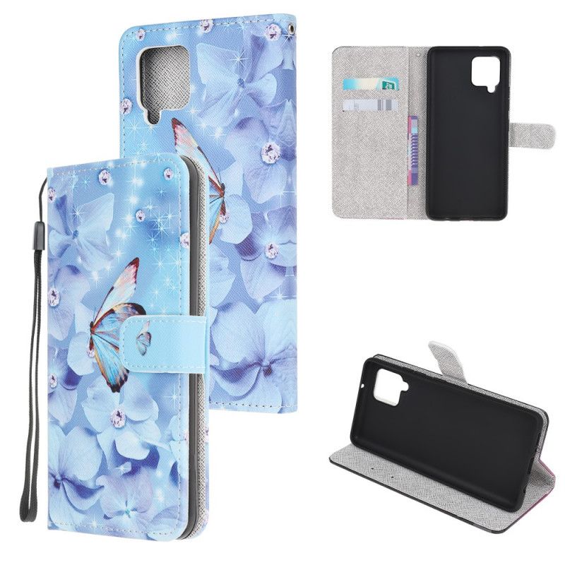 Læder Cover Samsung Galaxy M32 Diamond Strappy Sommerfugle