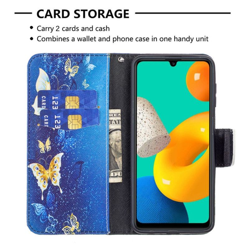 Læder Cover Samsung Galaxy M32 Gyldne Sommerfugle