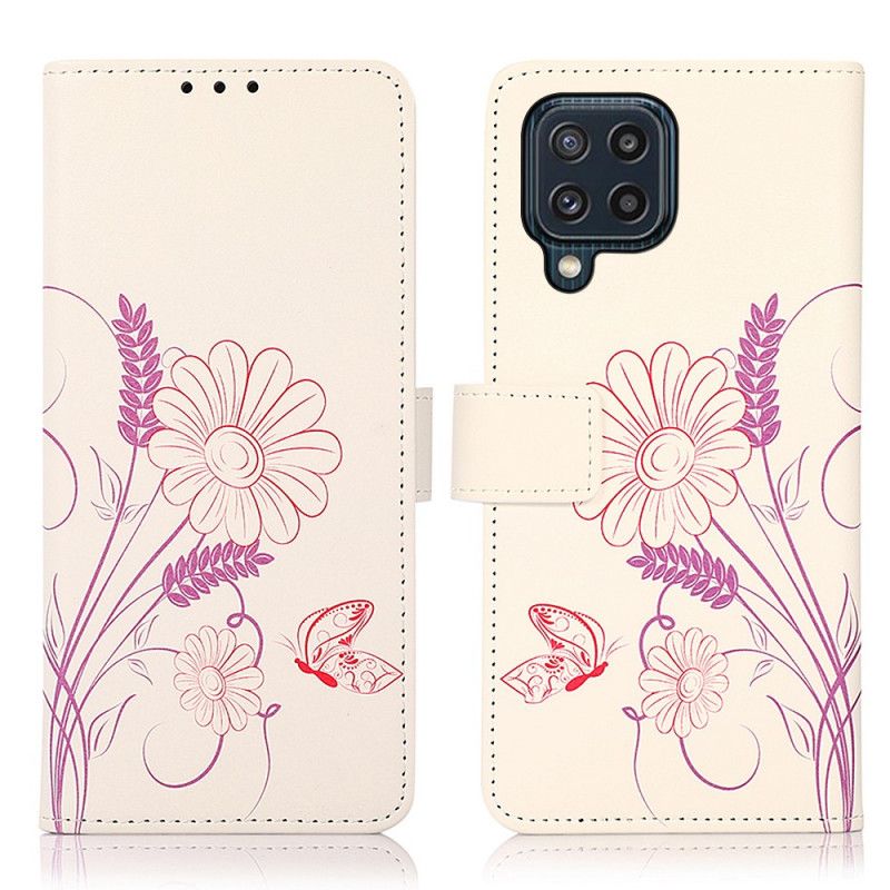 Læder Cover Samsung Galaxy M32 Telefon Etui Tegning Sommerfugle Og Blomster