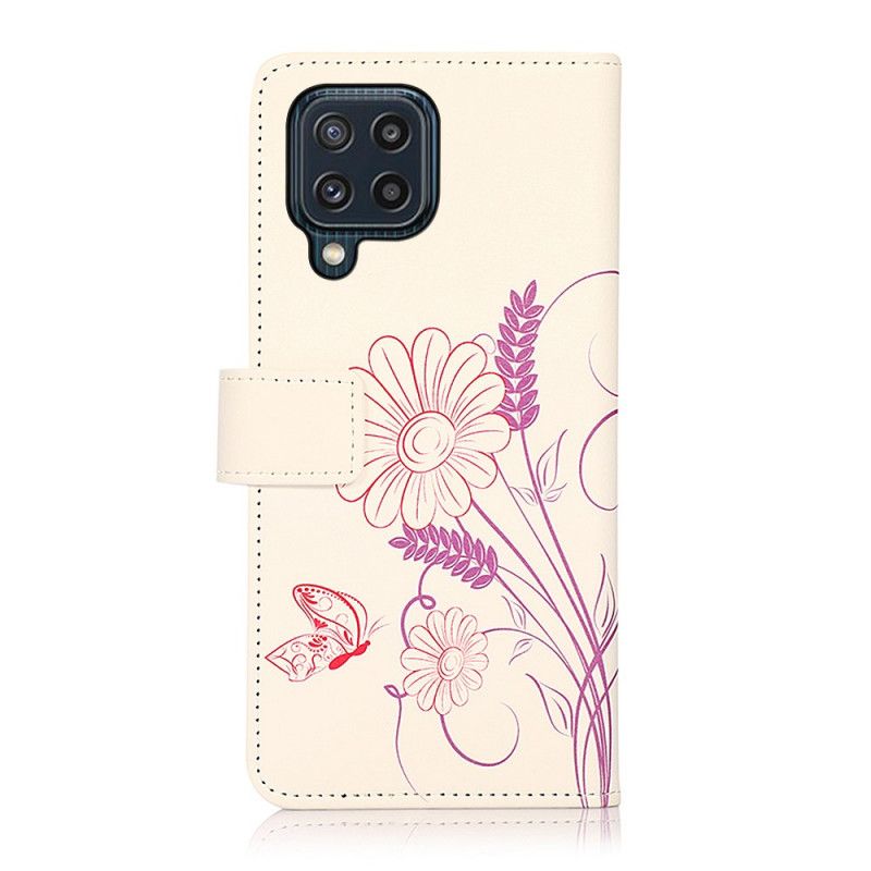 Læder Cover Samsung Galaxy M32 Telefon Etui Tegning Sommerfugle Og Blomster