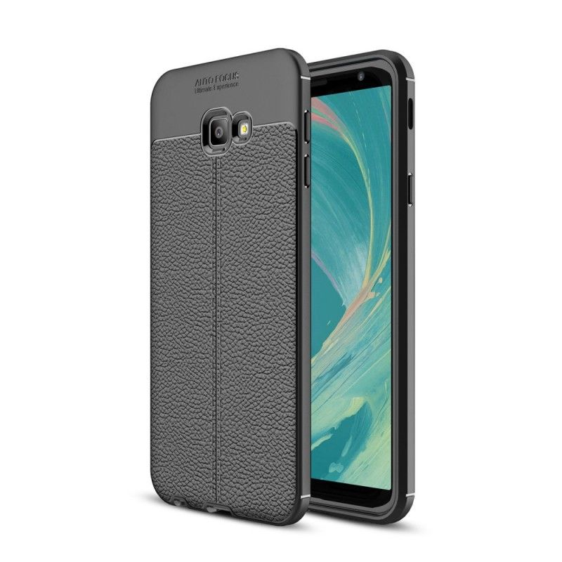 Cover for Samsung Galaxy J4 Plus Sort Dobbelt Line Lychee Læder Effekt