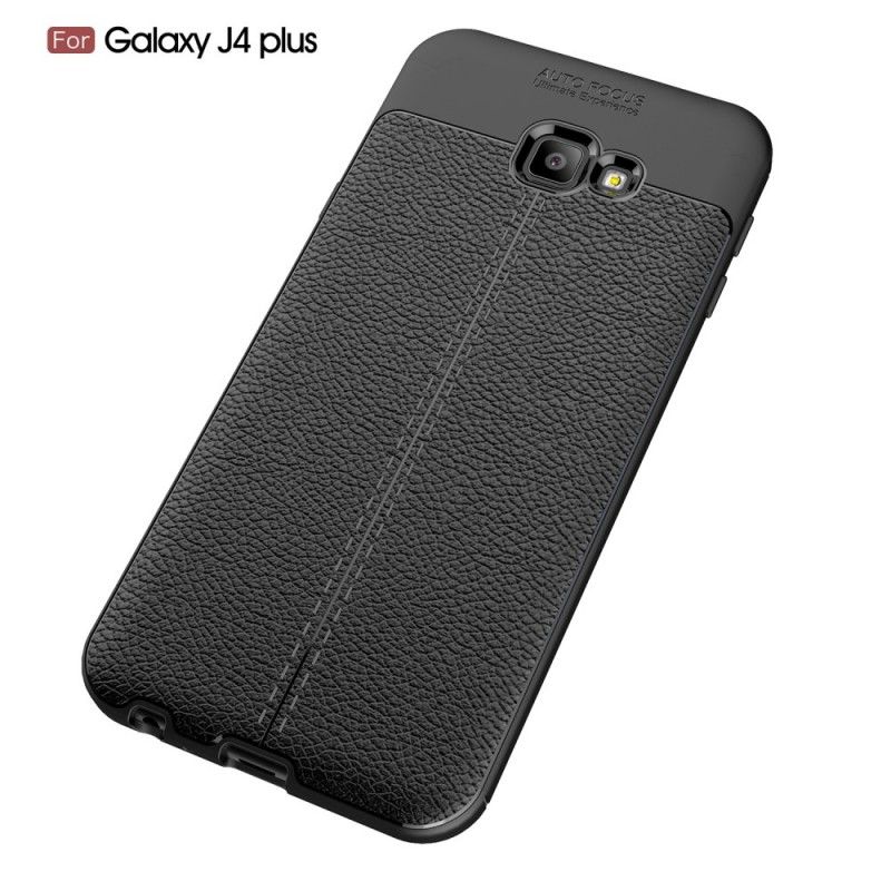 Cover for Samsung Galaxy J4 Plus Sort Dobbelt Line Lychee Læder Effekt