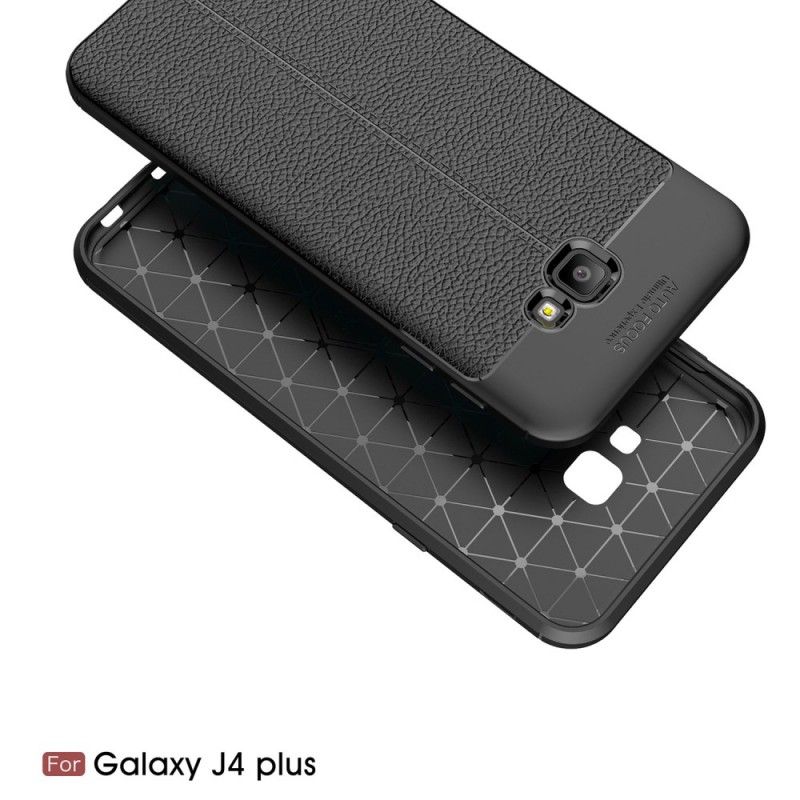 Cover for Samsung Galaxy J4 Plus Sort Dobbelt Line Lychee Læder Effekt