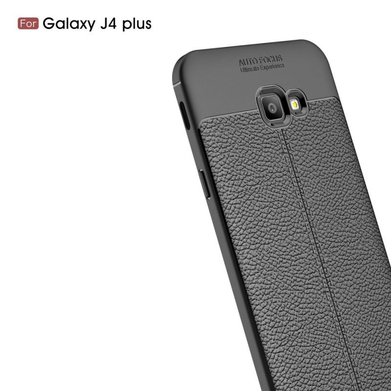 Cover for Samsung Galaxy J4 Plus Sort Dobbelt Line Lychee Læder Effekt