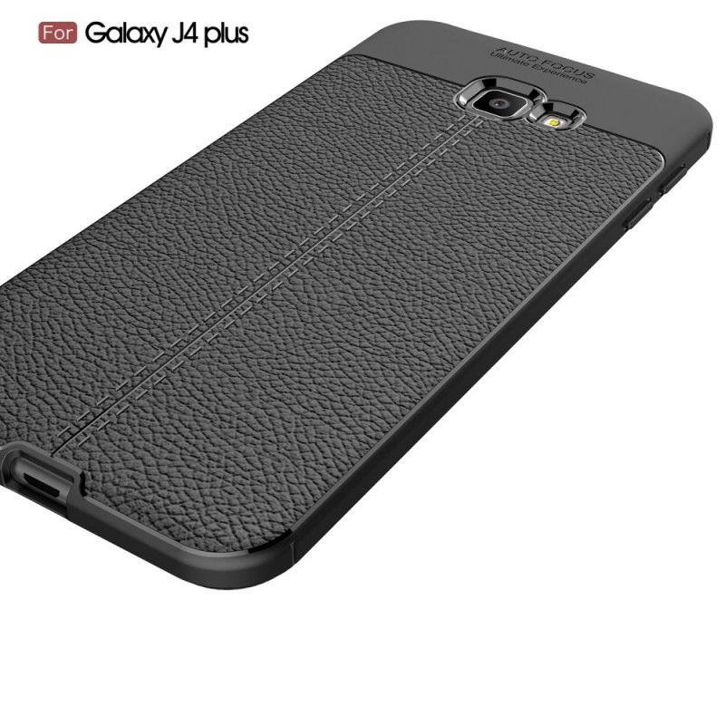 Cover for Samsung Galaxy J4 Plus Sort Dobbelt Line Lychee Læder Effekt