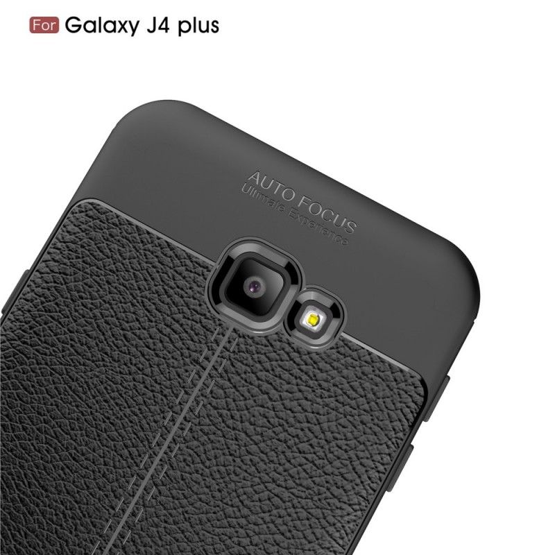 Cover for Samsung Galaxy J4 Plus Sort Dobbelt Line Lychee Læder Effekt