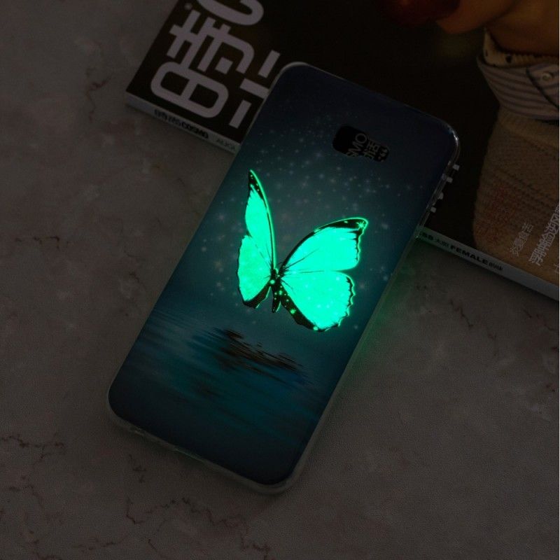 Cover Samsung Galaxy J4 Plus Mobilcover Fluorescerende Blå Sommerfugl