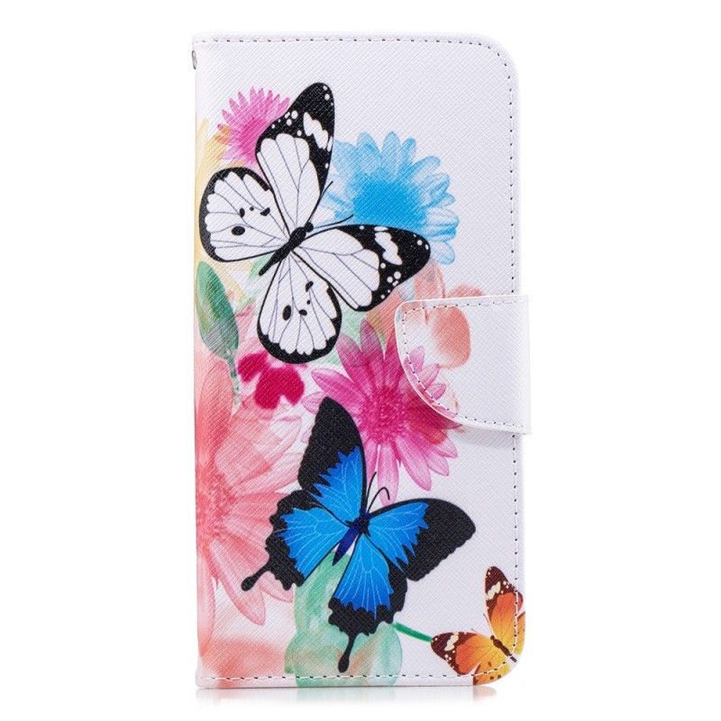 Flip Cover Læder for Samsung Galaxy J4 Plus Magenta Malede Sommerfugle Og Blomster