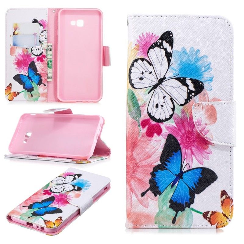 Flip Cover Læder for Samsung Galaxy J4 Plus Magenta Malede Sommerfugle Og Blomster