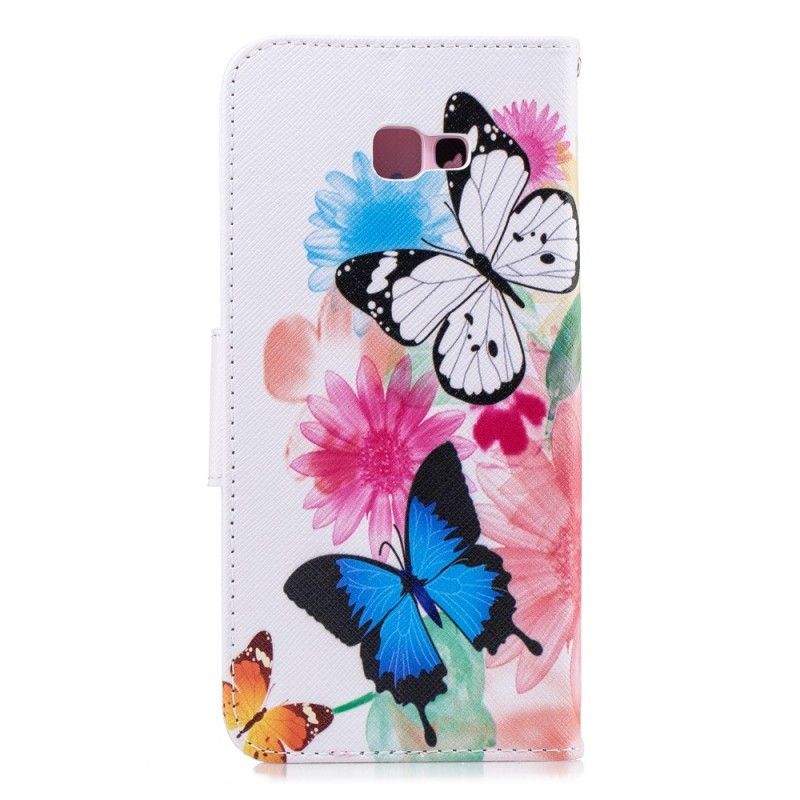 Flip Cover Læder for Samsung Galaxy J4 Plus Magenta Malede Sommerfugle Og Blomster