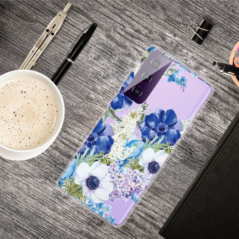 Cover for Samsung Galaxy S21 Plus 5G Gennemsigtige Akvarelblå Blomster