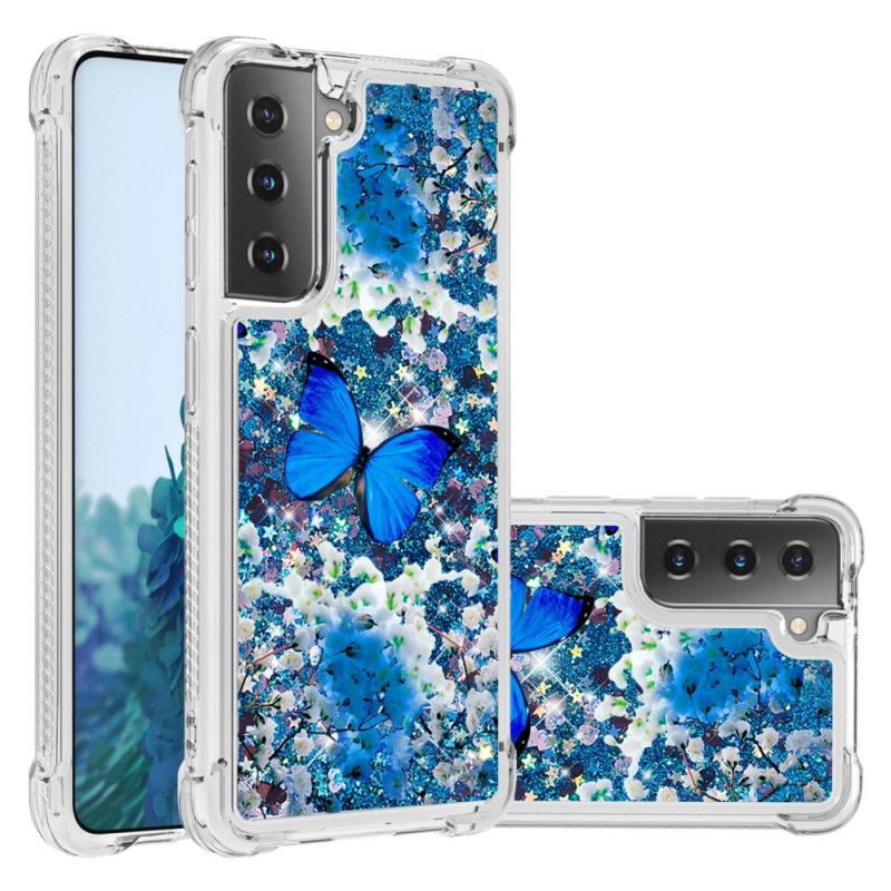 Cover Samsung Galaxy S21 Plus 5G Blå Glitter Sommerfugle Beskyttelse