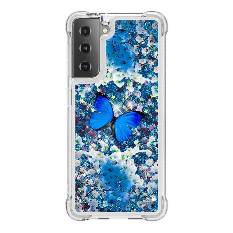 Cover Samsung Galaxy S21 Plus 5G Blå Glitter Sommerfugle Beskyttelse