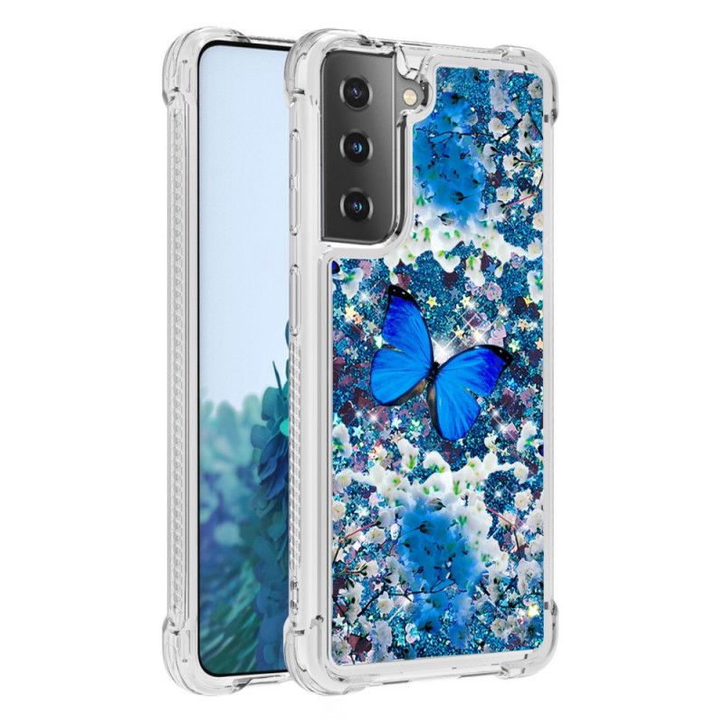 Cover Samsung Galaxy S21 Plus 5G Blå Glitter Sommerfugle Beskyttelse