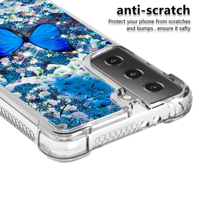 Cover Samsung Galaxy S21 Plus 5G Blå Glitter Sommerfugle Beskyttelse