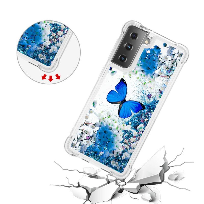 Cover Samsung Galaxy S21 Plus 5G Blå Glitter Sommerfugle Beskyttelse