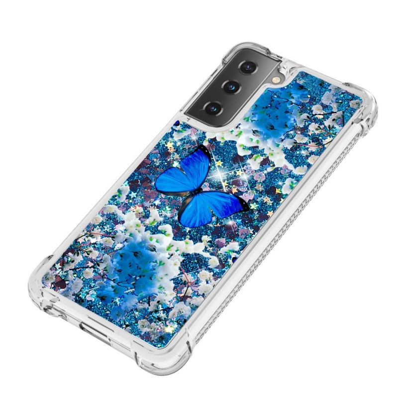 Cover Samsung Galaxy S21 Plus 5G Blå Glitter Sommerfugle Beskyttelse