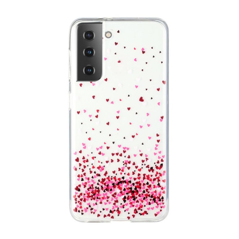 Cover Samsung Galaxy S21 Plus 5G Mobilcover Gennemsigtige Flere Røde Hjerter