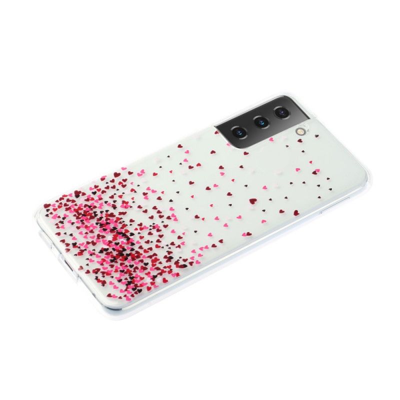 Cover Samsung Galaxy S21 Plus 5G Mobilcover Gennemsigtige Flere Røde Hjerter