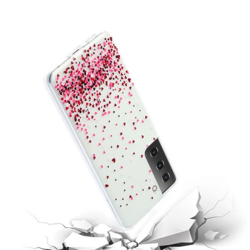 Cover Samsung Galaxy S21 Plus 5G Mobilcover Gennemsigtige Flere Røde Hjerter