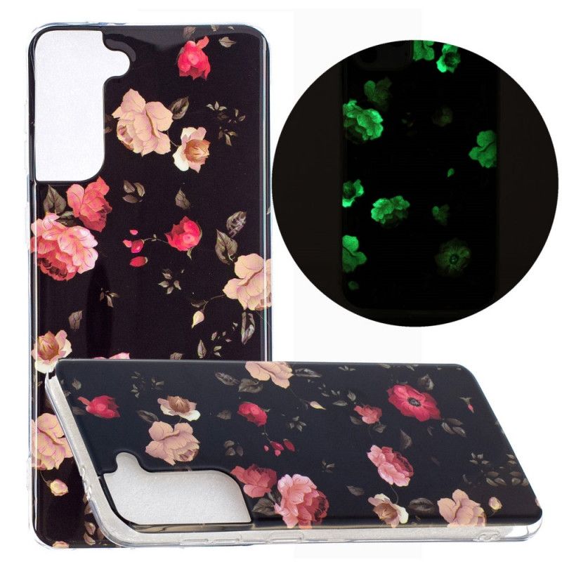 Cover Samsung Galaxy S21 Plus 5G Sort Mobilcover Fluorescerende Blomsterserie