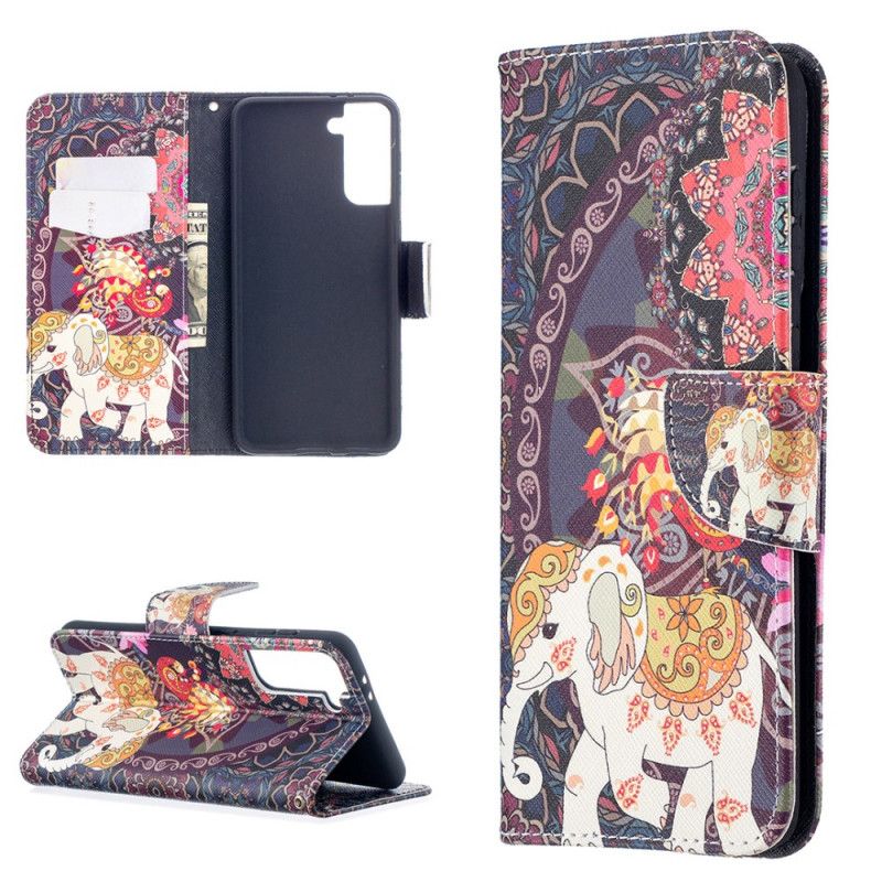 Flip Cover Læder for Samsung Galaxy S21 Plus 5G Etnisk Elefantmandala