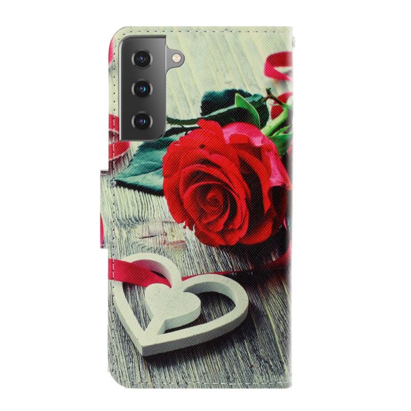 Flip Cover Læder for Samsung Galaxy S21 Plus 5G Romantisk Rose Med Rem