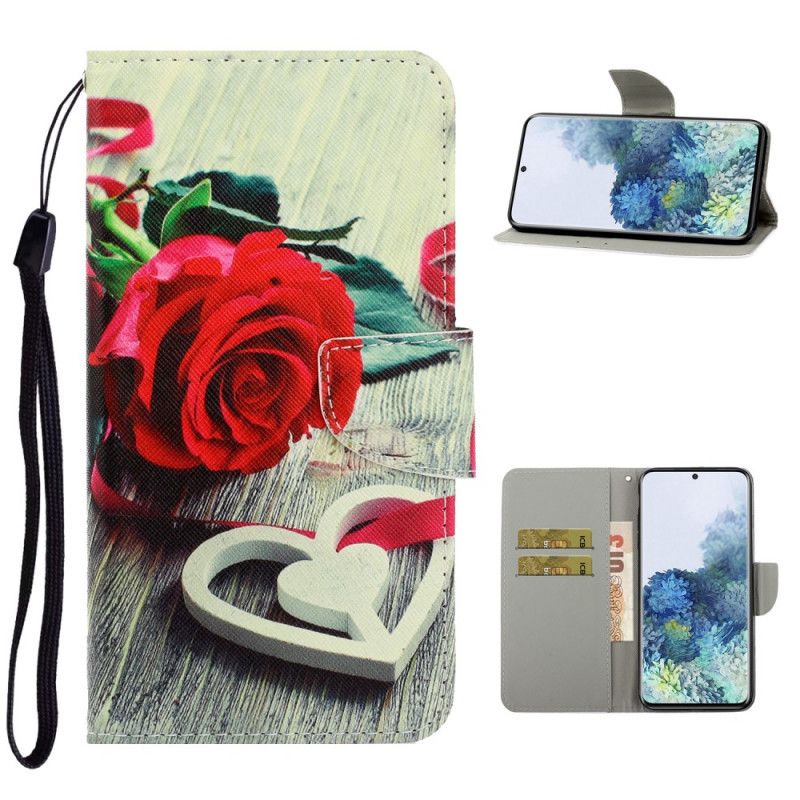 Flip Cover Læder for Samsung Galaxy S21 Plus 5G Romantisk Rose Med Rem