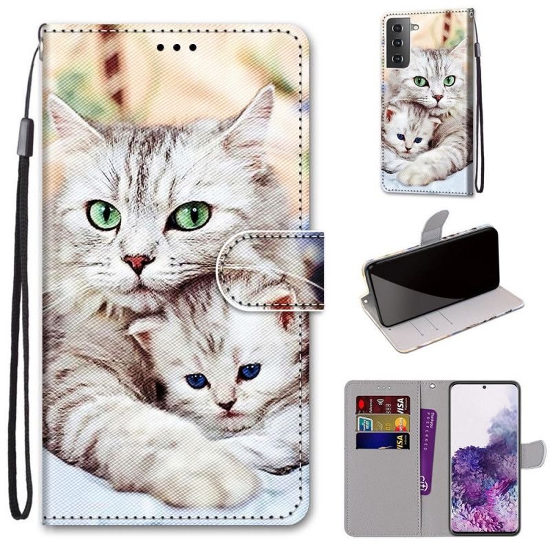 Flip Cover Læder Samsung Galaxy S21 Plus 5G Familie Af Katte Original