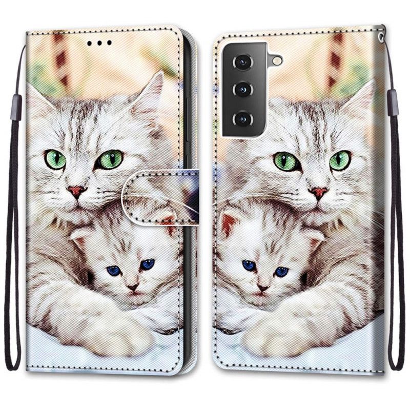 Flip Cover Læder Samsung Galaxy S21 Plus 5G Familie Af Katte Original