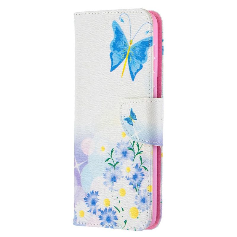 Flip Cover Læder Samsung Galaxy S21 Plus 5G Magenta Malede Sommerfugle Og Blomster