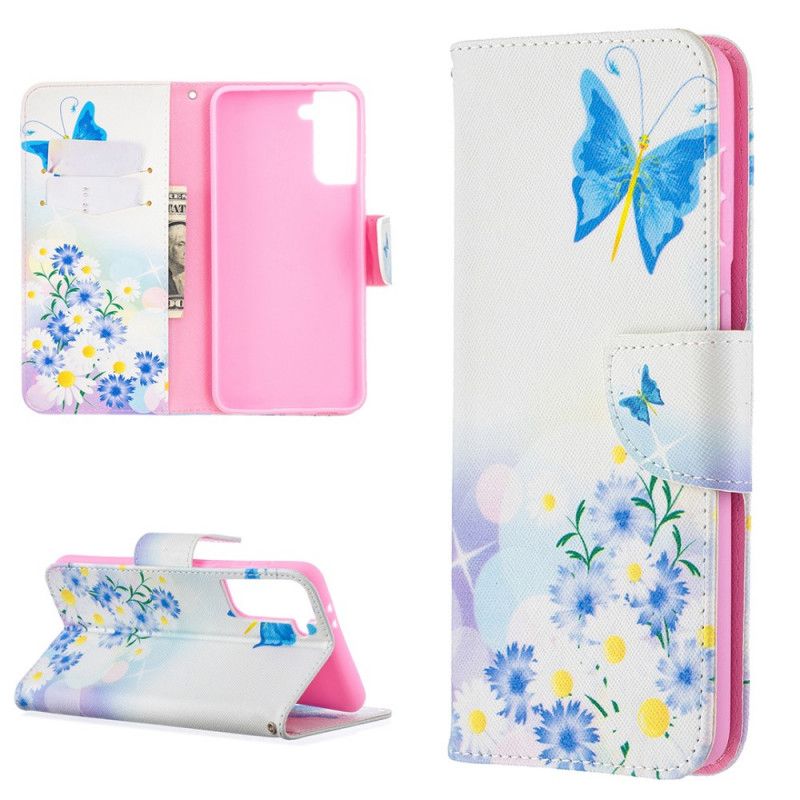 Flip Cover Læder Samsung Galaxy S21 Plus 5G Magenta Malede Sommerfugle Og Blomster