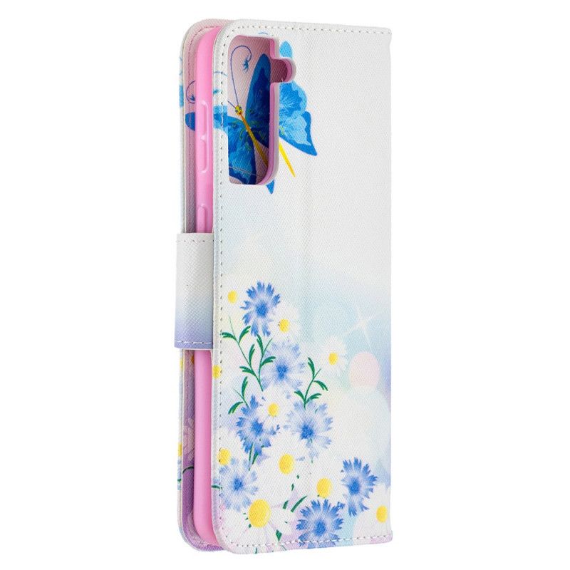 Flip Cover Læder Samsung Galaxy S21 Plus 5G Magenta Malede Sommerfugle Og Blomster