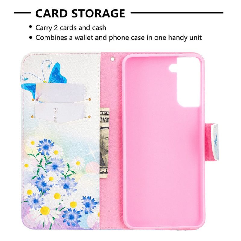 Flip Cover Læder Samsung Galaxy S21 Plus 5G Magenta Malede Sommerfugle Og Blomster