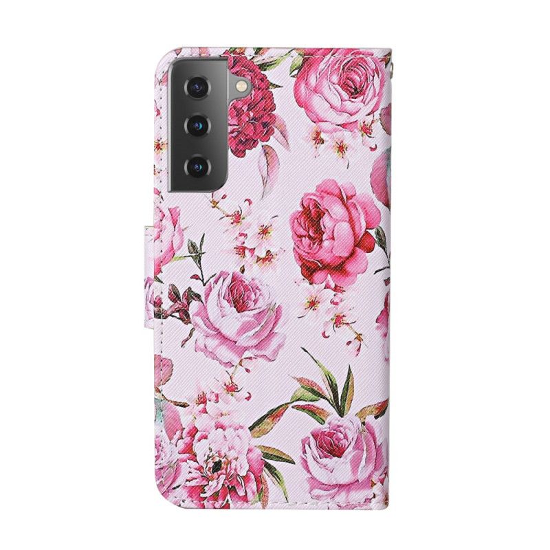 Flip Cover Læder Samsung Galaxy S21 Plus 5G Rød Mesterlige Blomster Med Rem