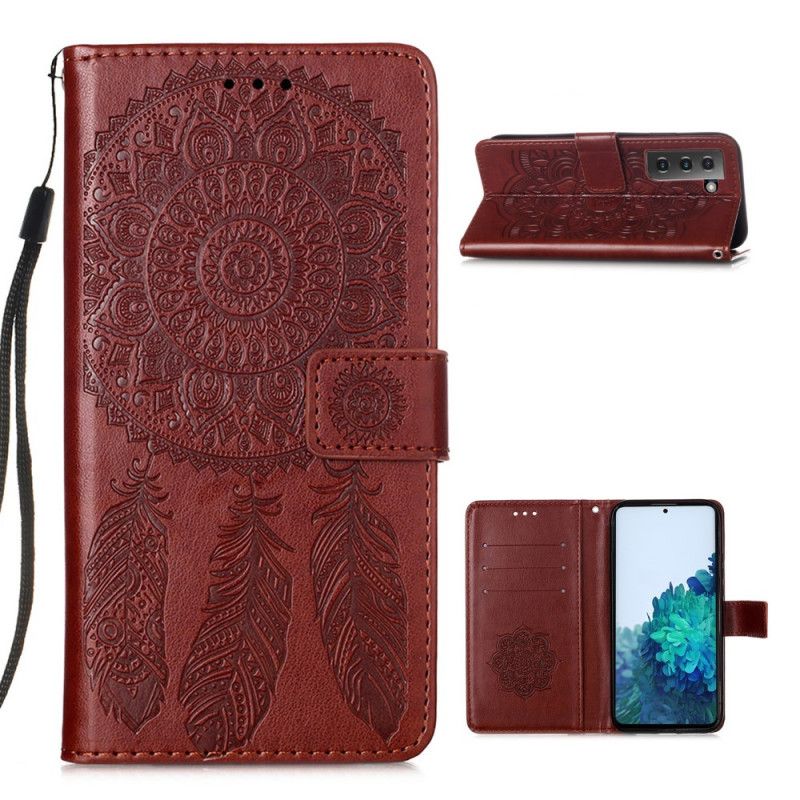 Flip Cover Læder Samsung Galaxy S21 Plus 5G Sort Dreamcatcher Print Og Rem