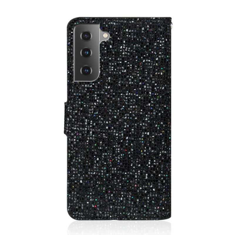 Flip Cover Læder Samsung Galaxy S21 Plus 5G Sort Glitter Design Original