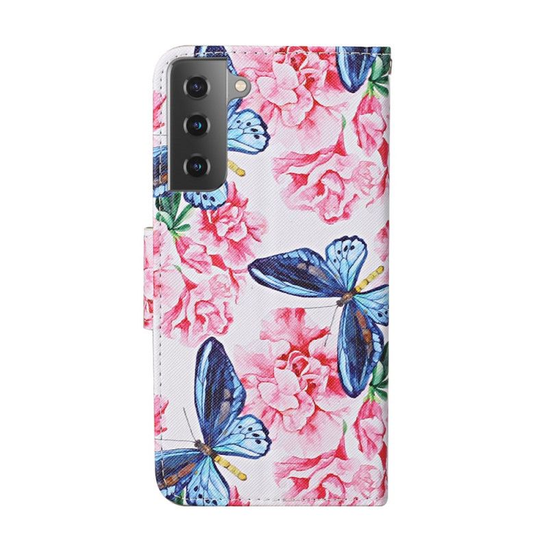 Flip Cover Læder Samsung Galaxy S21 Plus 5G Sort Thong Blomster Sommerfugle Beskyttelse