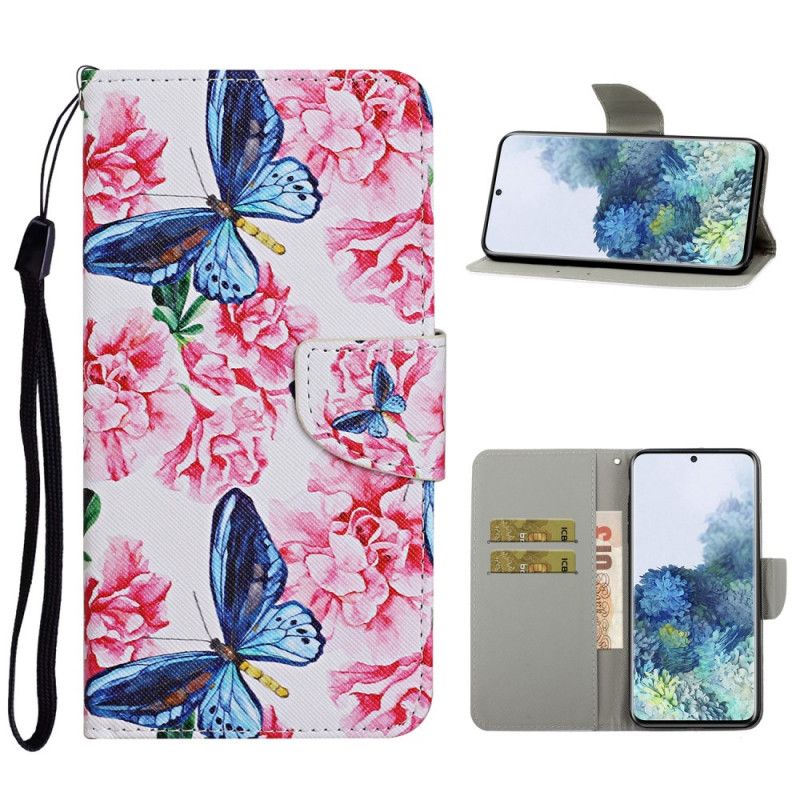 Flip Cover Læder Samsung Galaxy S21 Plus 5G Sort Thong Blomster Sommerfugle Beskyttelse