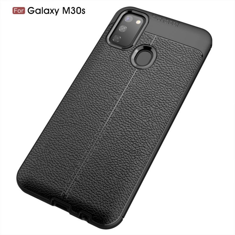 Cover Samsung Galaxy M21 Sort Mobilcover Dobbeltlinjet Lychee-Lædereffekt