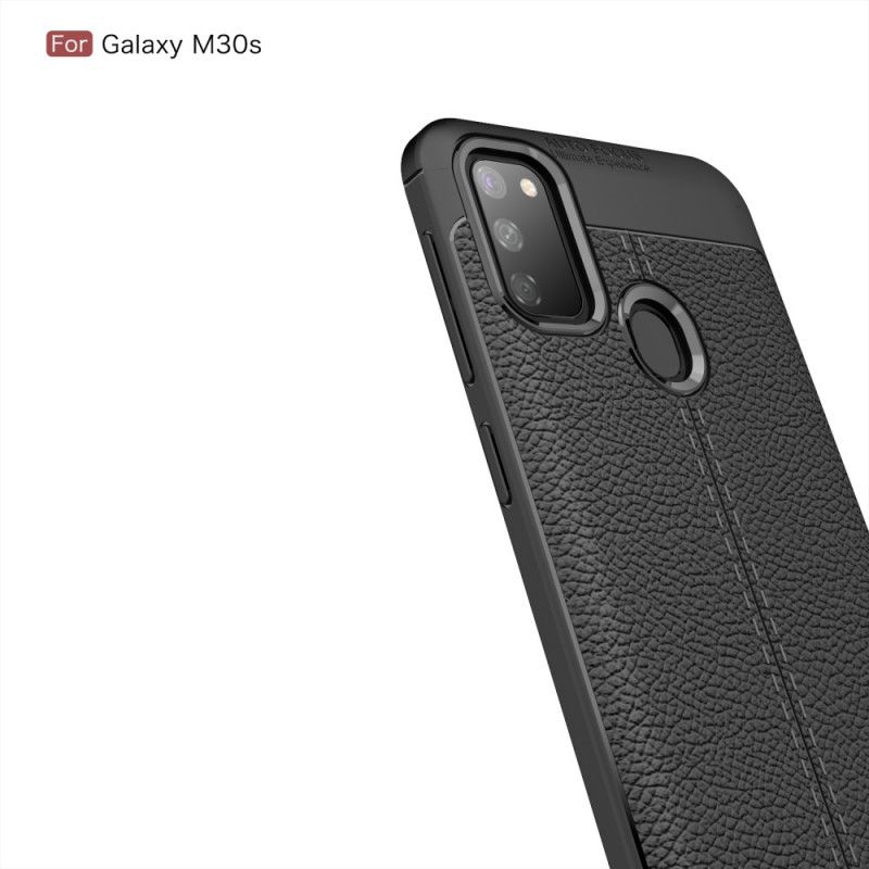 Cover Samsung Galaxy M21 Sort Mobilcover Dobbeltlinjet Lychee-Lædereffekt