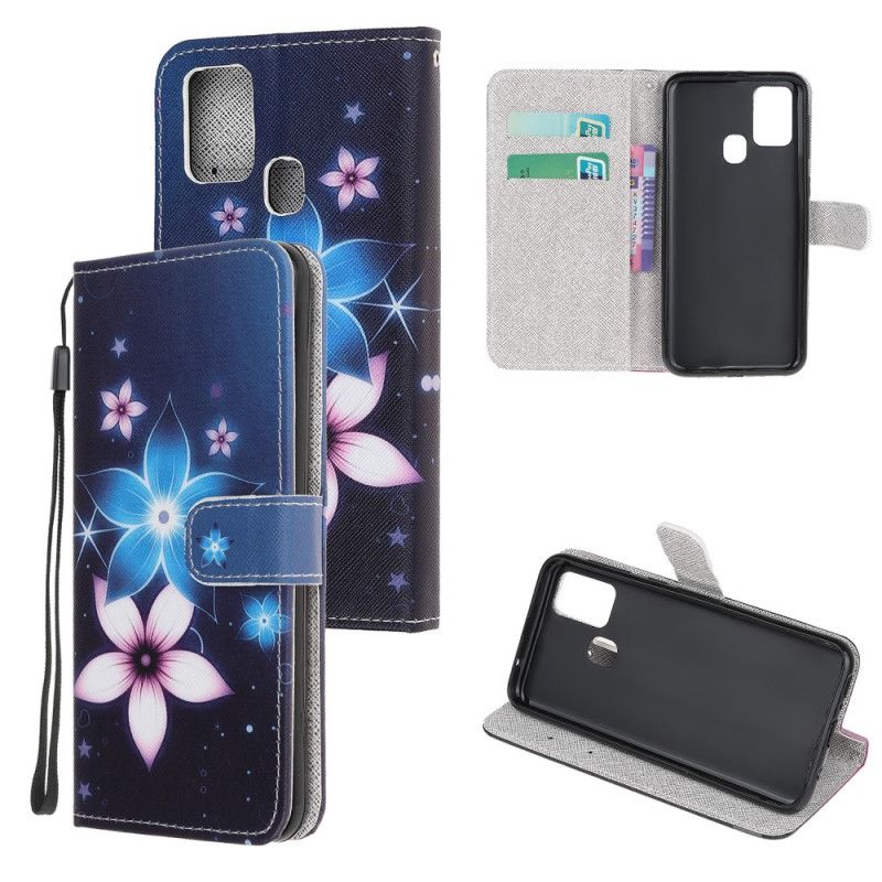 Flip Cover Læder Samsung Galaxy M21 Måneblomster Med Rem