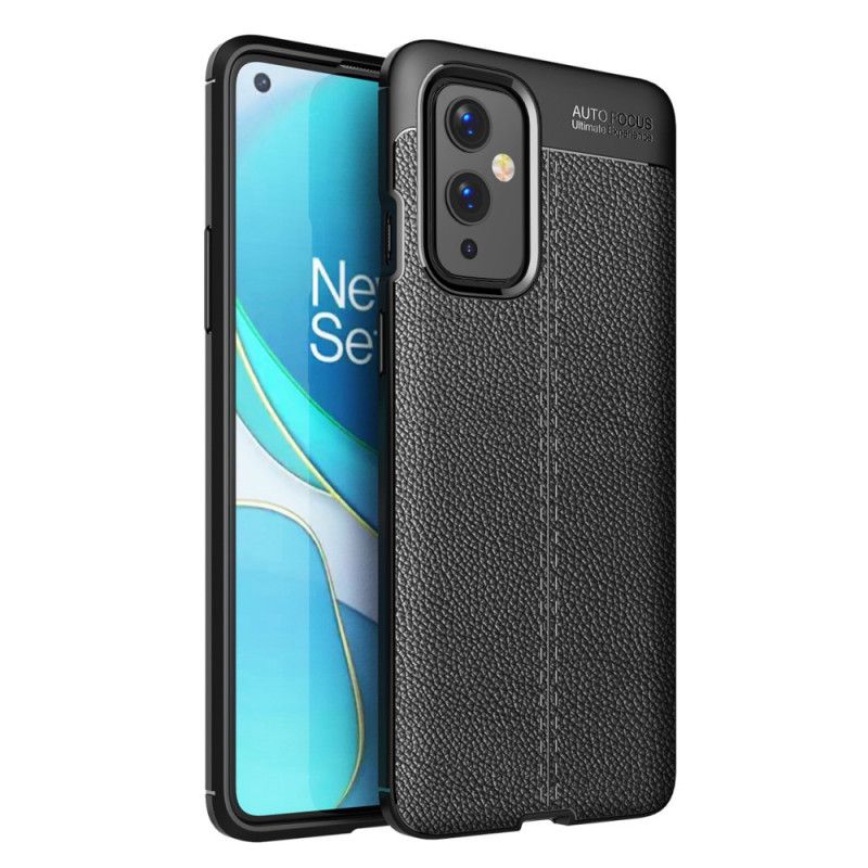 Cover OnePlus 9 Sort Dobbelt Line Lychee Læder Effekt Beskyttelse