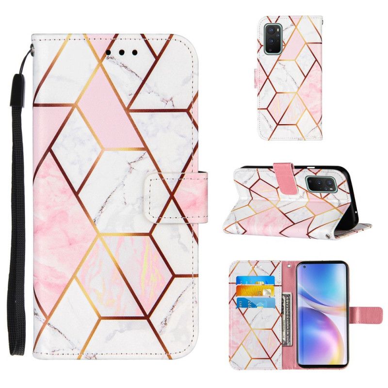 Flip Cover Læder OnePlus 9 Lyserød Geometrisk Marmor Med Rem Original