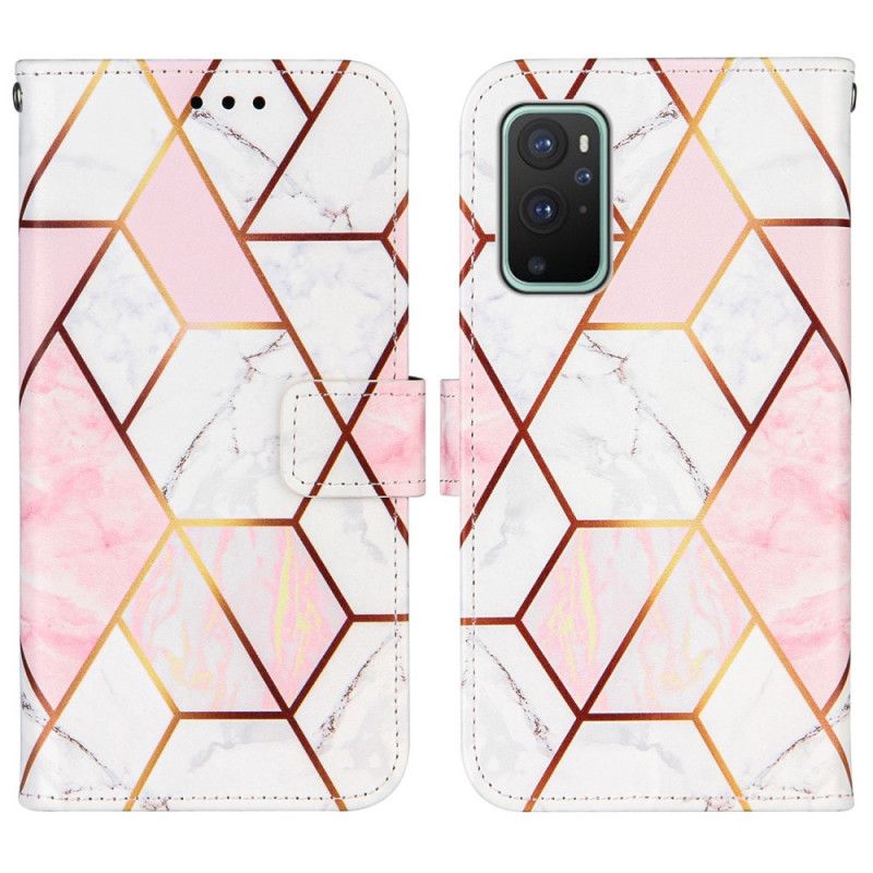 Flip Cover Læder OnePlus 9 Lyserød Geometrisk Marmor Med Rem Original