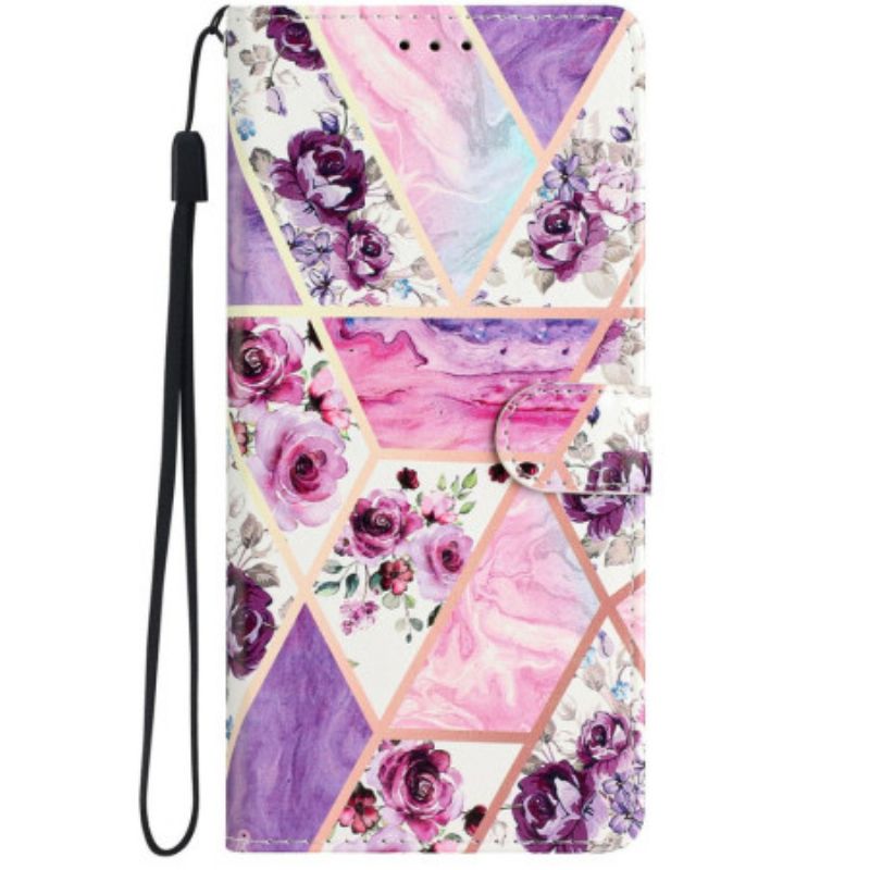 Flip Cover iPhone 16 Pro Lilla Blomster Med Rem