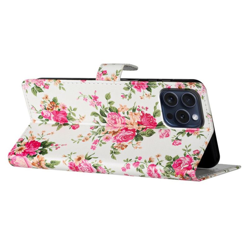 Flip Cover iPhone 16 Pro Røde Blomster Med Rem