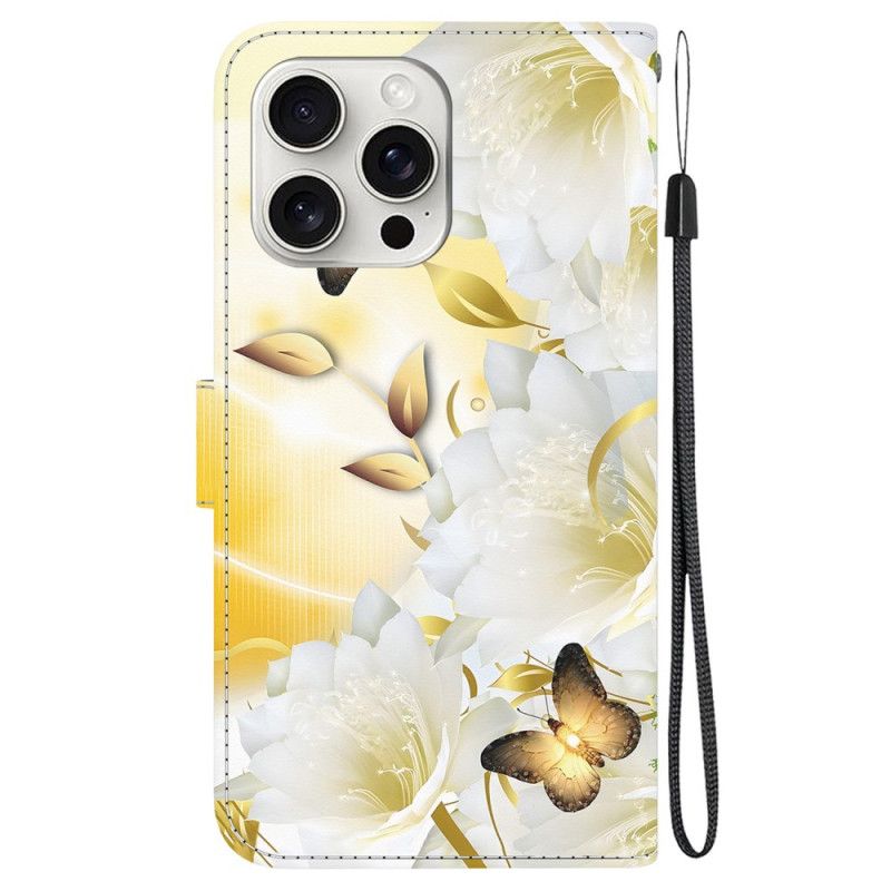 Læder Cover iPhone 16 Pro Gyldne Sommerfugle Og Hvide Blomster Med Rem