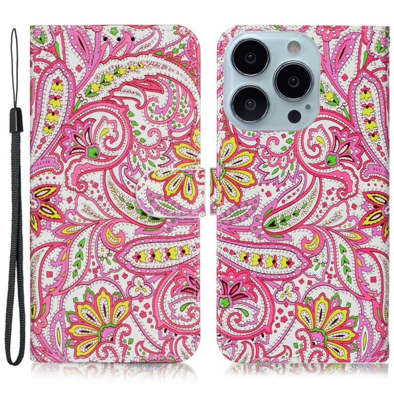 Læder Cover iPhone 16 Pro Strappy Med Blomstertryk