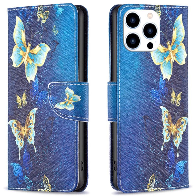 Læder Cover iPhone 16 Pro Telefon Etui Gyldne Sommerfugle